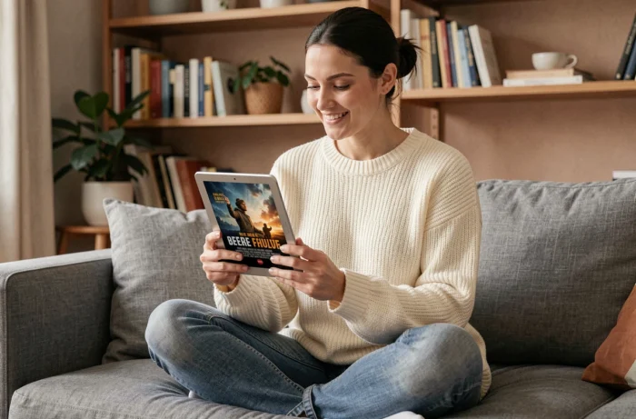 Femme regardant un film du jour sur une tablette confortablement installée dans son salon moderne
