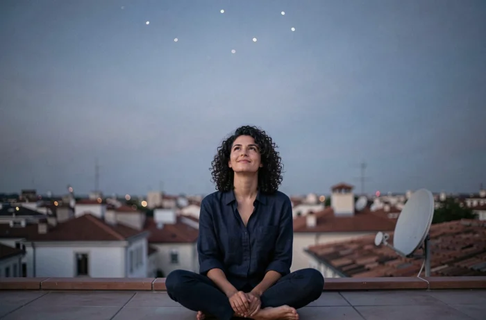 Jeune femme contemplant un ciel crépusculaire avec sept étoiles visibles depuis une terrasse urbaine
