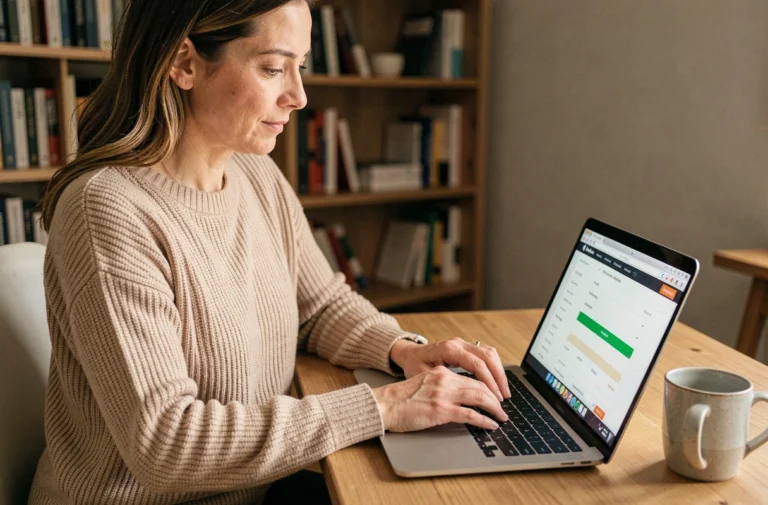 Femme utilisant un ordinateur portable pour envoyer de l'argent en ligne via Western Union depuis son bureau à domicile