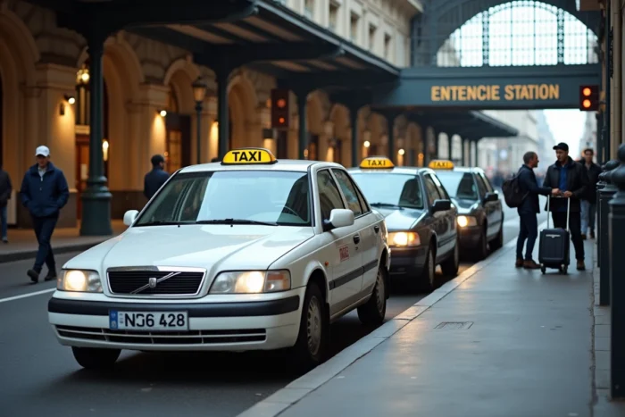 File de taxis officiels stationnés devant une grande gare parisienne avec des chauffeurs en attente