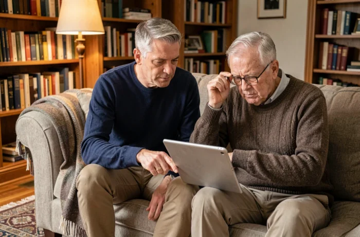 Fils aidant son père âgé à utiliser une tablette numérique dans un salon familial confortable