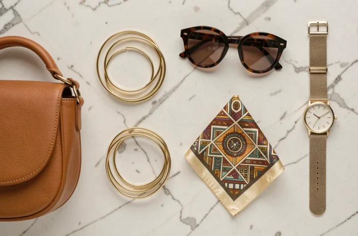 Flat lay soigné d'accessoires de mode tendance sur marbre blanc, incluant sac camel, bracelets dorés, lunettes écaille et montre minimaliste, pour une mise en scène éditoriale raffinée