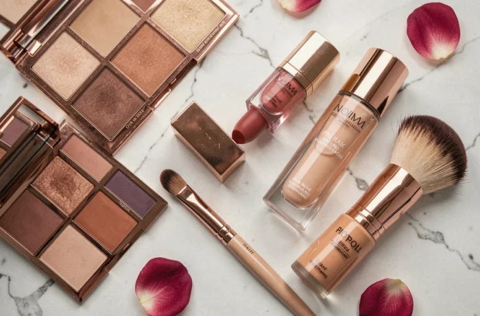 Flat-lay de produits de beauté tendance Ulta incluant palettes de maquillage et soins de peau sur marbre blanc