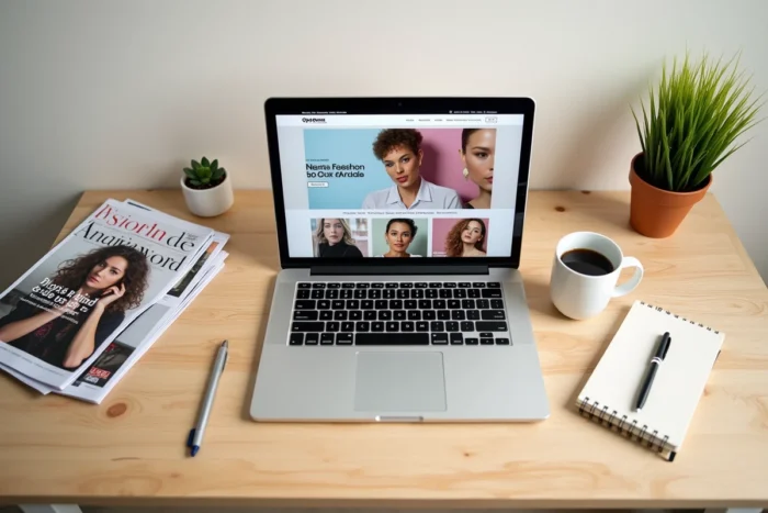 Flatlay bureau créatif avec magazines tendances, ordinateur portable et accessoires lifestyle modernes