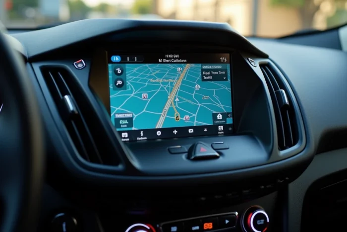 Gros plan sur l'écran tactile Ford SYNC affichant la navigation connectée avec le trafic en temps réel