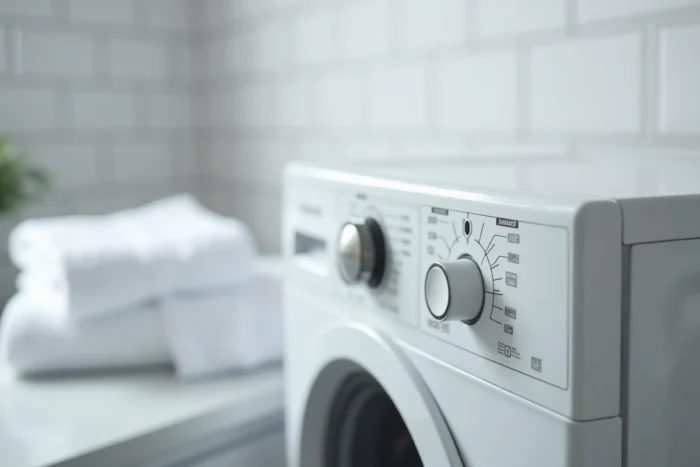 Gros plan sur les symboles du panneau de commande d'une machine à laver dont le symbole essorage