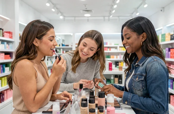 Groupe de femmes testant des produits de maquillage au comptoir beauté dans un magasin Ulta