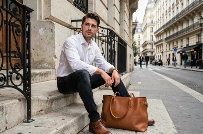 Homme élégant assis sur des marches haussmanniennes à Paris avec un sac en cuir cognac, mettant en valeur les accessoires masculins tendance dans un cadre urbain authentique