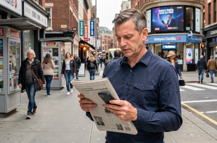 Homme lisant un journal et son smartphone dans une rue animée de la ville