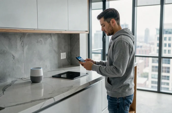 Homme consultant les actualités web et technologiques sur smartphone dans un appartement minimaliste moderne