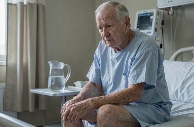 Homme âgé fatigué assis sur un lit d'hôpital, signe d'insuffisance cardiaque avancée