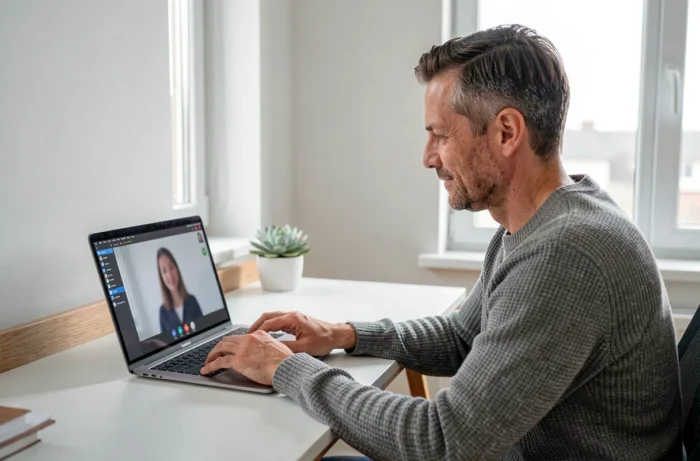 Homme posant la main sur l'écran d'un ordinateur portable lors d'un appel vidéo, exprimant une connexion émotionnelle sincère à distance