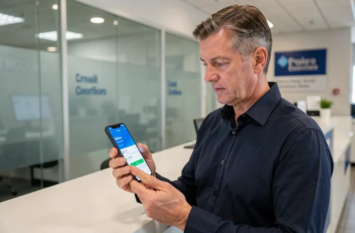 Homme utilisant une application mobile pour effectuer un virement international Western Union dans une agence financière