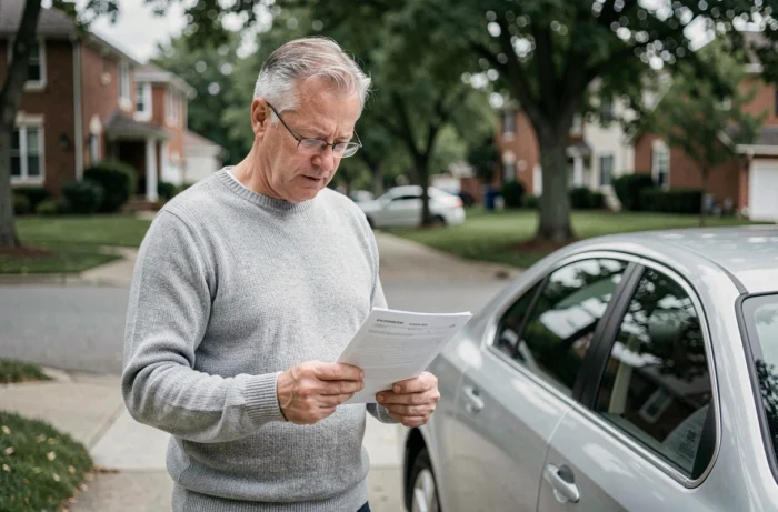 Homme mature consultant son document d'assurance automobile dans une allée résidentielle