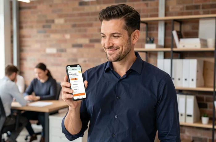 Homme consultant des codes de réduction sur smartphone dans un bureau moderne en open space
