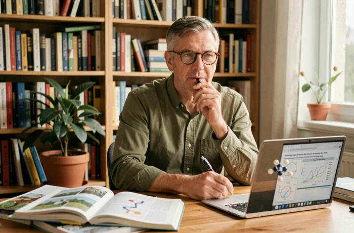 Homme curieux lisant des publications scientifiques récentes dans son bureau à domicile entouré de livres