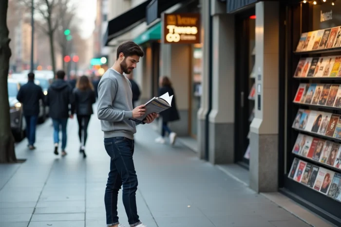 Jeune homme lisant un magazine tendance devant un kiosque à journaux en ville
