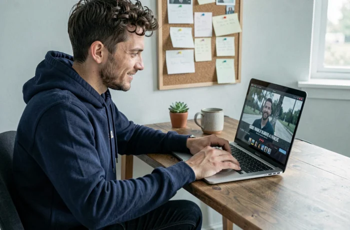 Jeune homme regardant un film en streaming sur son ordinateur portable dans un bureau à domicile