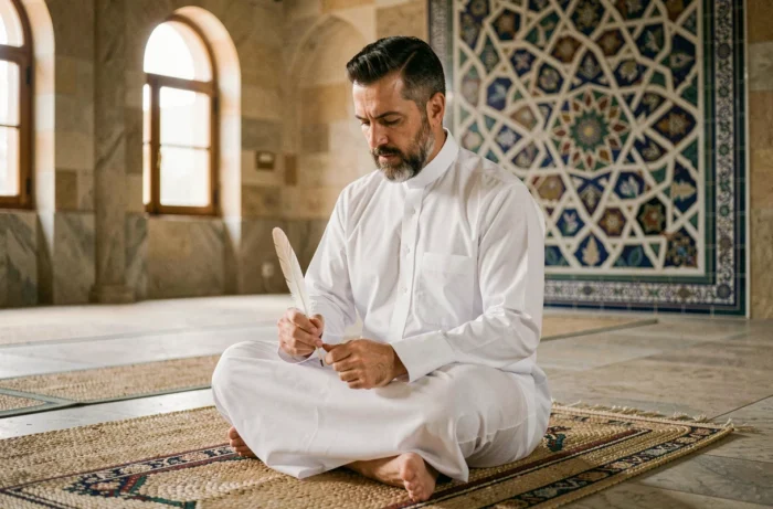 Homme musulman en thobe blanc tenant une plume dans une mosquée, symbolisant la méditation spirituelle et la signification islamique de la plume