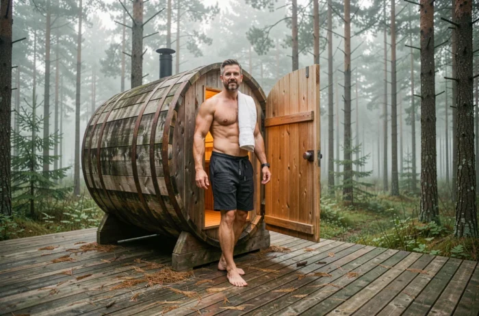 Homme sortant d'un sauna tonneau en bois sur une terrasse en pleine forêt de pins nordiques, serviette sur l'épaule, expression de bien-être et de fraîcheur après la session