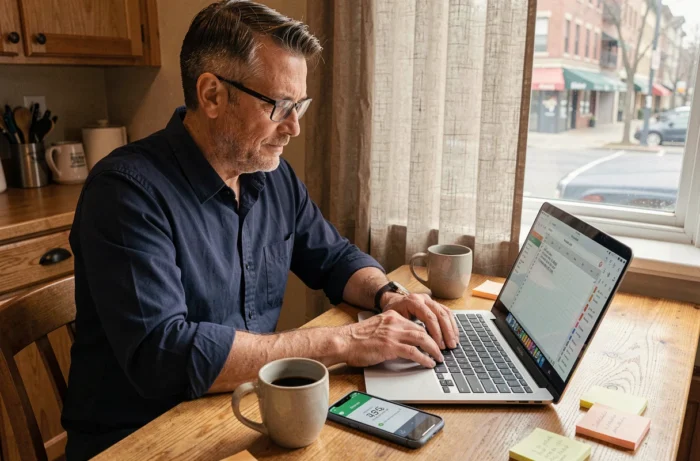 Homme utilisant un smartphone et un ordinateur portable pour suivre et calculer ses heures de travail depuis chez lui