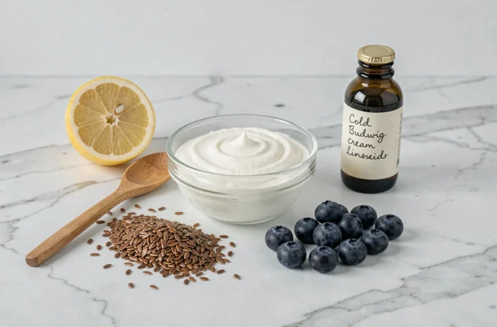 Ingrédients de la crème Budwig disposés sur marbre : fromage blanc, graines de lin, huile de lin et fruits