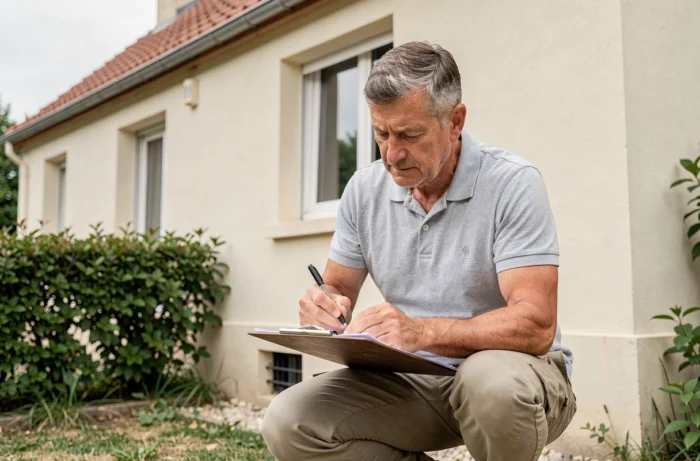 Inspecteur immobilier expérimenté réalisant un diagnostic extérieur d'une maison française avant vente