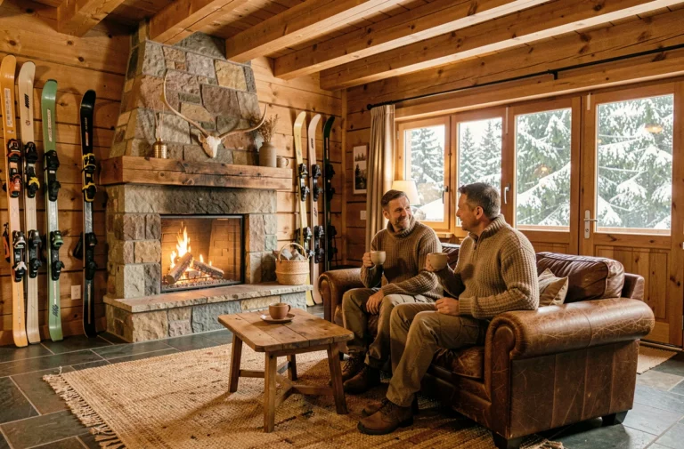 Intérieur chaleureux d'un hôtel-chalet savoyard avec couple au coin du feu, poutres en bois et décoration montagnarde authentique