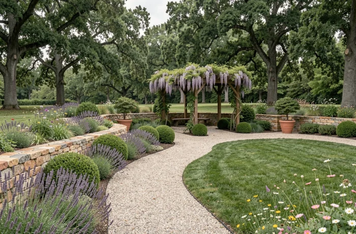 Jardin paysager harmonieux avec allée en gravier, lavandes, buis taillés et pergola en bois couverte de glycine