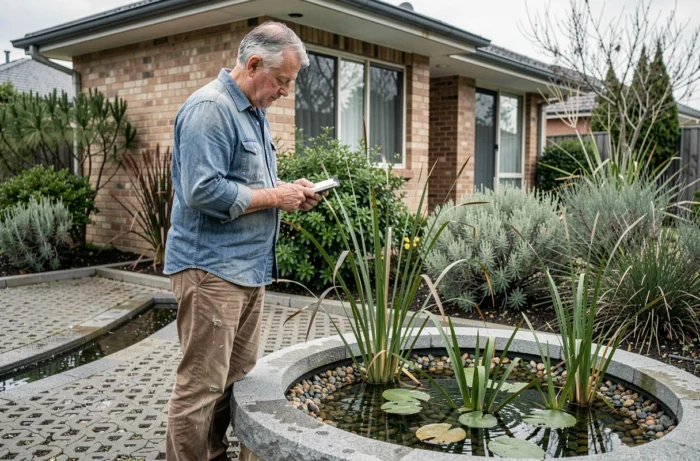 Homme inspectant un jardin de pluie écologique avec plantes aquatiques natives et aménagement durable en gravier