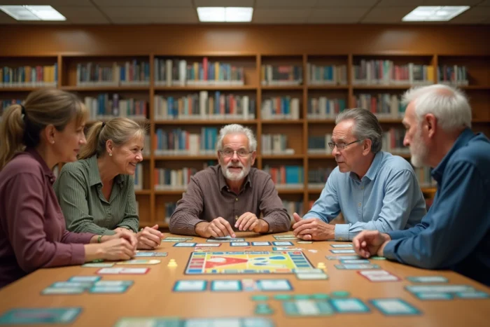 Groupe intergénérationnel jouant à un jeu de société adapté dans une bibliothèque municipale inclusive