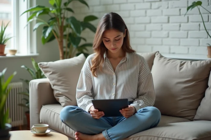 Jeune femme convertissant des fichiers sur tablette dans un salon moderne et lumineux