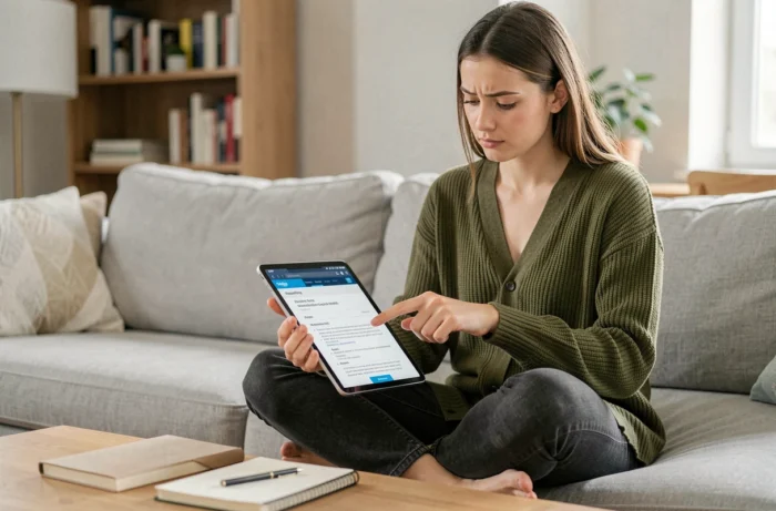 Jeune femme consultant une page d'aide pour résoudre un problème d'accès au webmail académique sur sa tablette