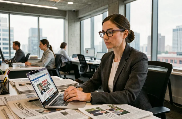 Journaliste femme en blazer gris analysant les dernières actualités dans une salle de rédaction moderne