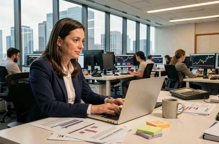 Journaliste économique travaillant dans une salle de rédaction moderne avec des rapports financiers et un ordinateur portable