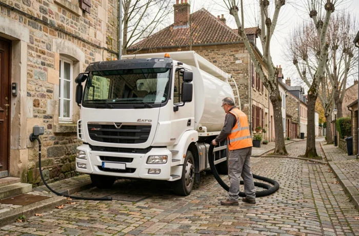 Camion de livraison de fioul domestique remplissant une cuve dans une rue de village français
