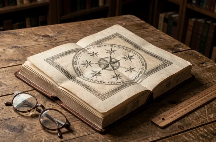 Livre ancien ouvert sur une illustration gravée de sept étoiles en cercle avec texte archaïque posé sur une table en chêne