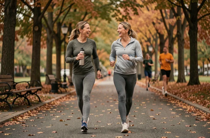 Deux femmes marchant dans un parc urbain en automne pour rester actives et préserver leur santé au quotidien