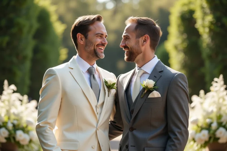 Deux hommes en costumes élégants lors d'une cérémonie de mariage dans un jardin fleuri