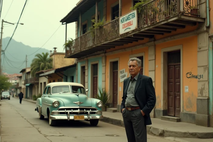 Scène de rue dans le quartier populaire de Medellín des années 1980, ambiance historique liée à l'époque de Pablo Escobar en Colombie