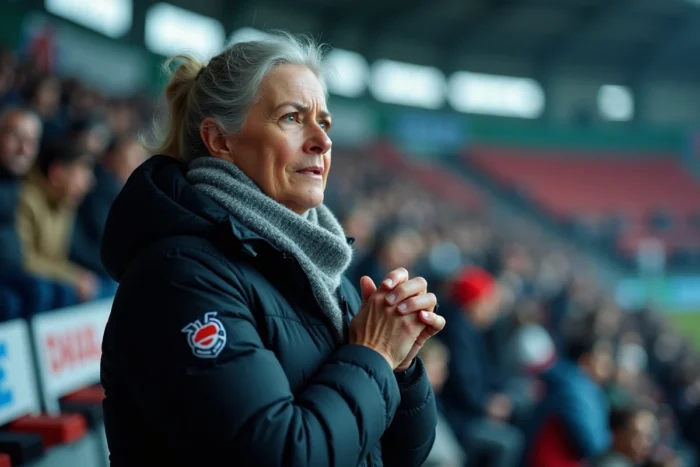 Mère fière et émue dans les tribunes d'une compétition sportive soutenant son enfant champion