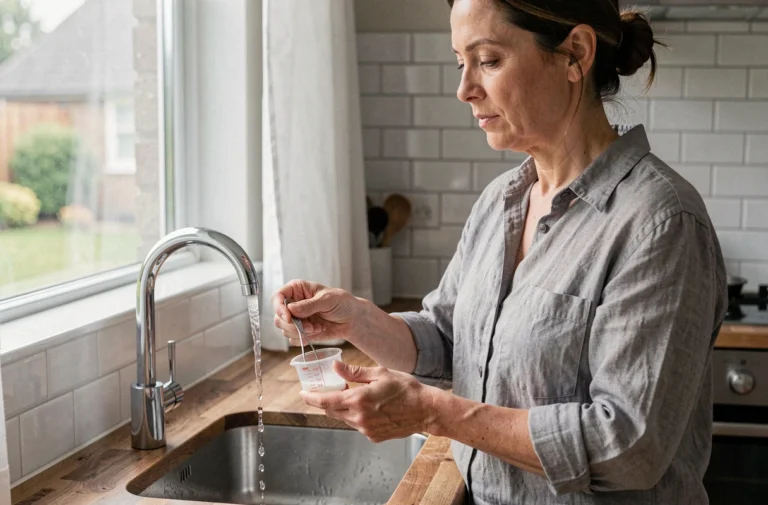 Femme mesurant sa consommation d'eau au robinet de cuisine avec une tasse graduée