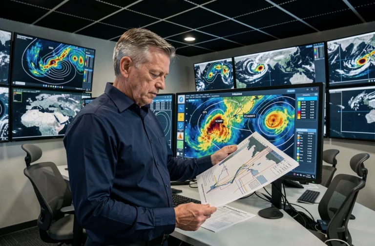 Météorologue analysant des cartes de prévision GFS et Euro (ECMWF) sur un poste de travail multi-écrans dans un centre météorologique professionnel