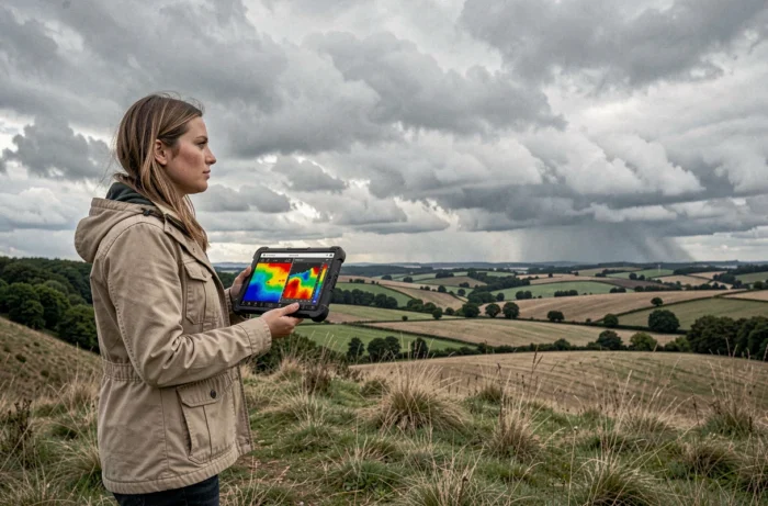 Femme météorologue sur le terrain comparant des modèles météo GFS et ECMWF sur une tablette sous un ciel nuageux dramatique