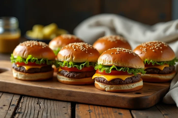 Mini hamburgers apéro disposés sur une planche en bois rustique avec cornichons et serviette en lin