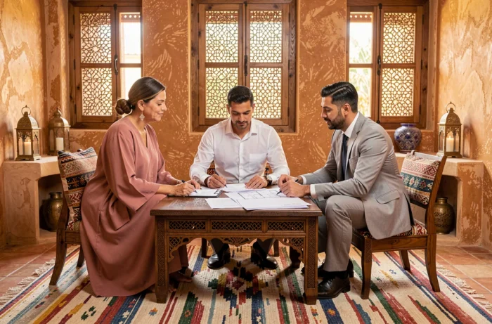 Couple négociant la vente de leur riad à Marrakech avec un conseiller immobilier dans un salon traditionnel