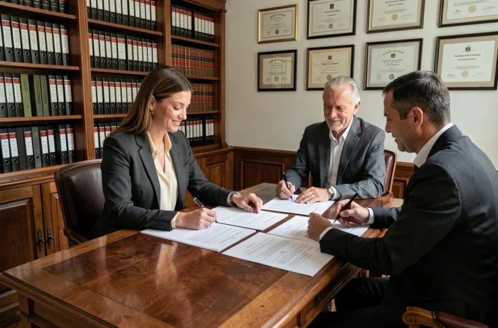 Notaire experte accompagnant un couple lors de la signature d'une transaction immobilière sécurisée