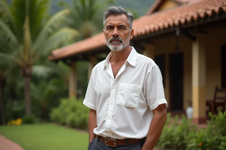 Portrait d'un homme d'affaires colombien des années 80 devant une hacienda traditionnelle, évoquant le style de vie de Pablo Escobar