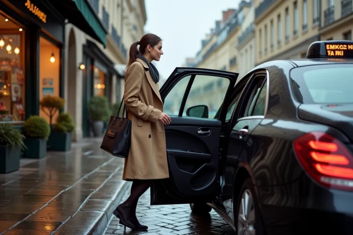 Passagère descendant d'un taxi noir dans une rue pavée parisienne sous la pluie