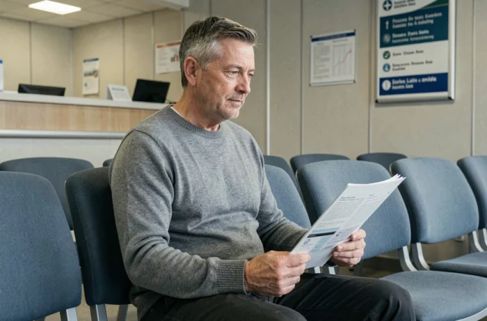 Patient assis dans une salle d'attente d'hôpital tenant des documents médicaux et sa carte Vitale avant un examen IRM pelvien